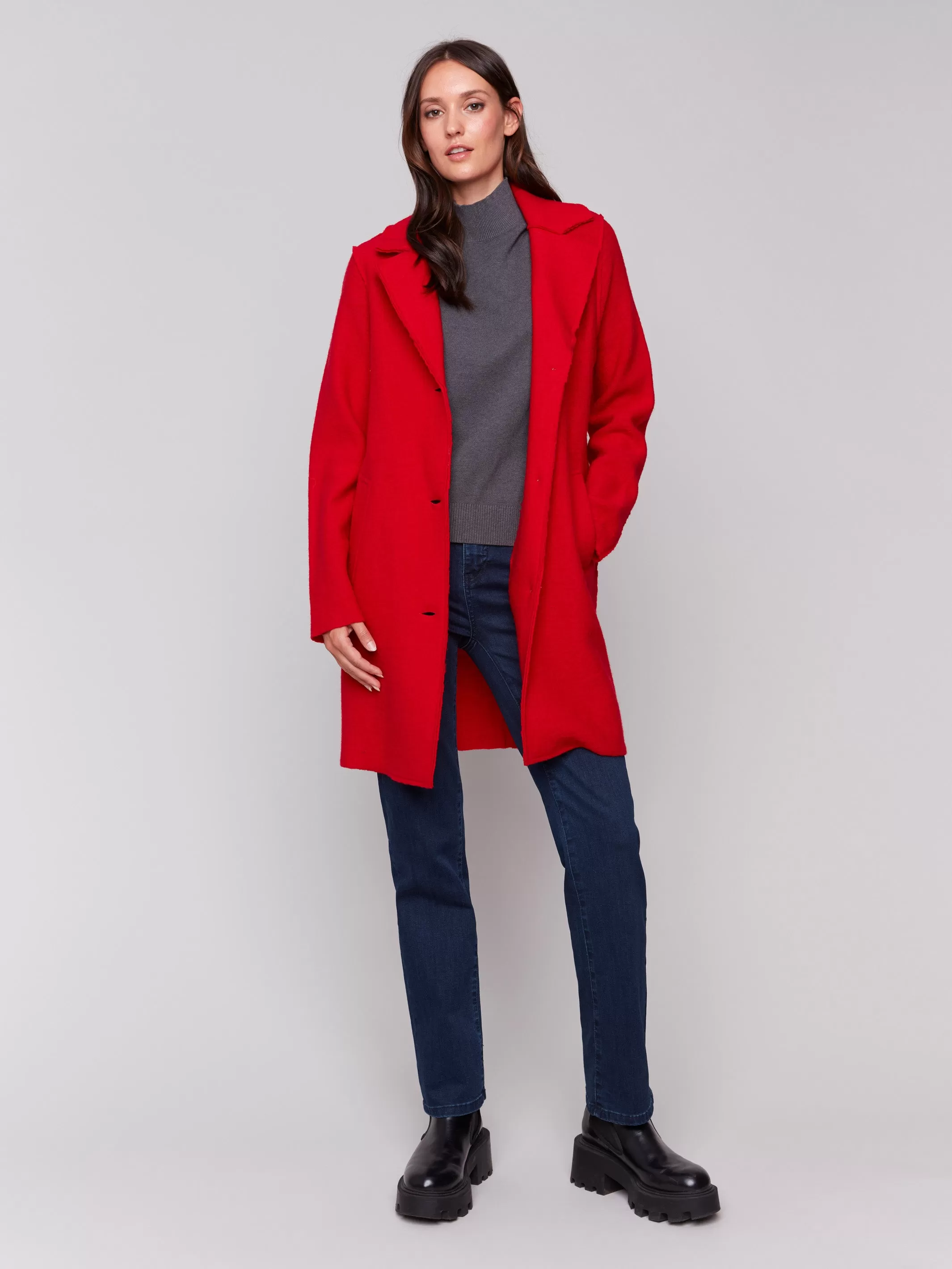 Long Boiled Wool Coat - Cranberry