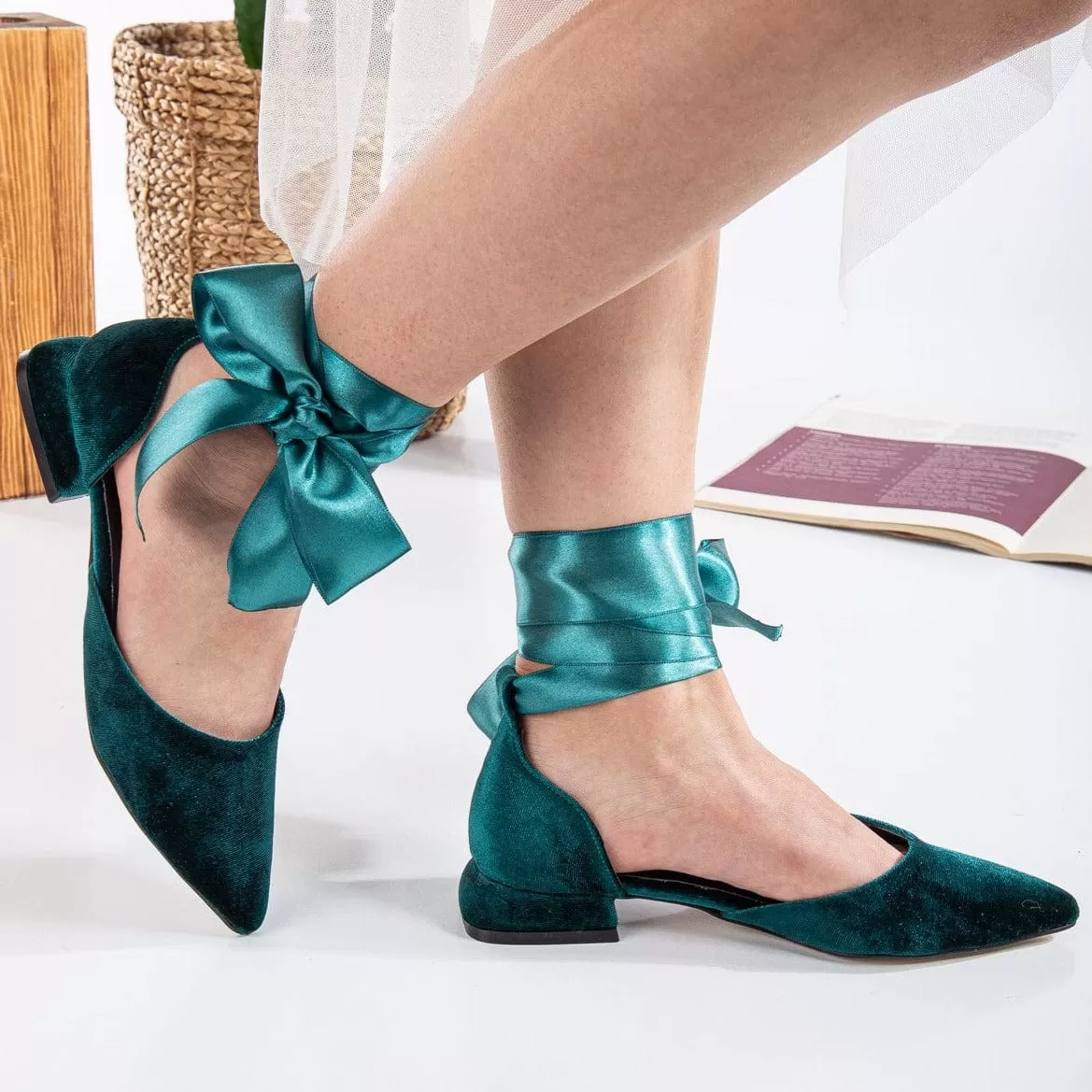 Madeline Vegan Velvet Ribbon Flats | Emerald Green