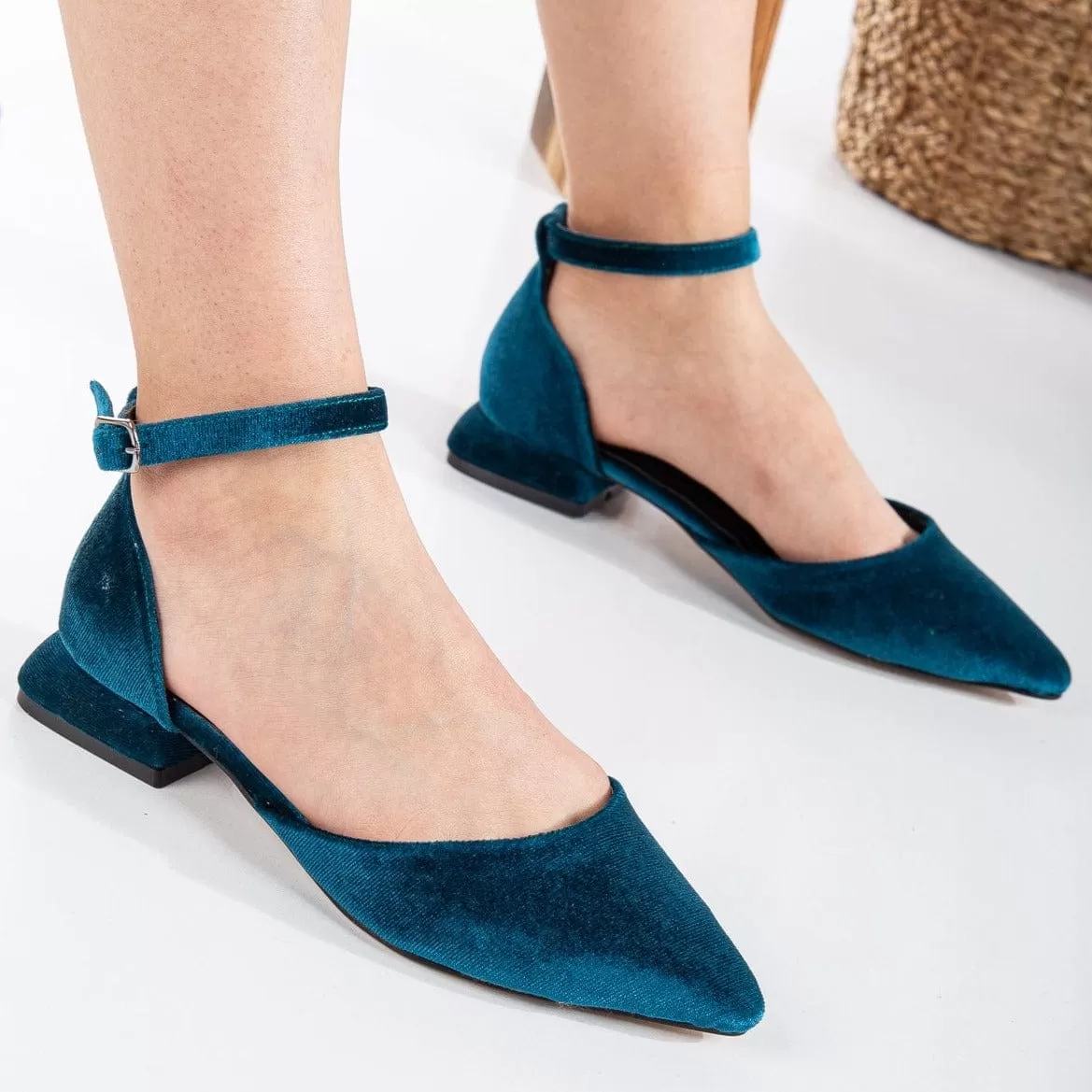 Madeline Vegan Velvet Ribbon Flats | Teal Blue