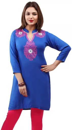 Maple Clothing Kurti Women's Blouse Embroidered India Clothing (Blue)