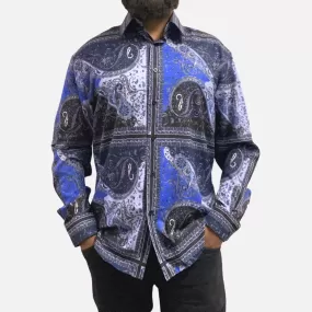 Men's Casual Blue Button-Up Shirt with Paisley Design