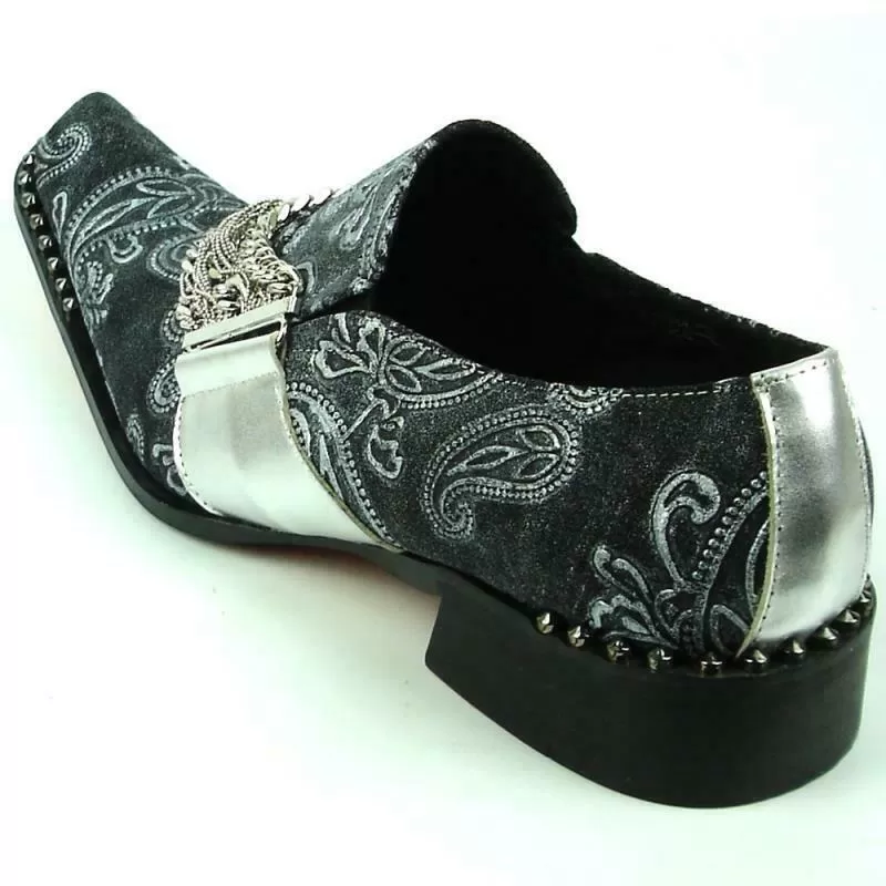 Men's Fiesso Silver Embossed Leather Silver Chain Pointed Toe Shoes FI 7322