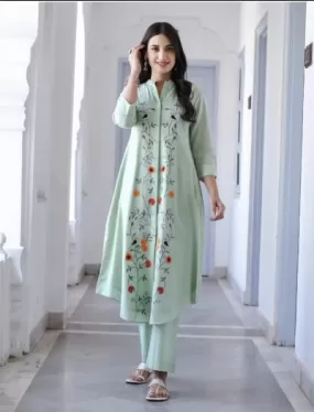 Mint Green Embroidered Cotton Kurti Pant Set Of 2