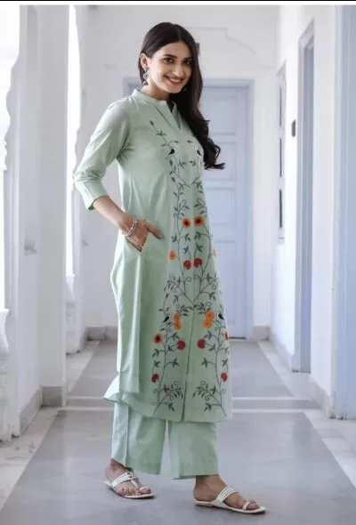 Mint Green Embroidered Cotton Kurti Pant Set Of 2