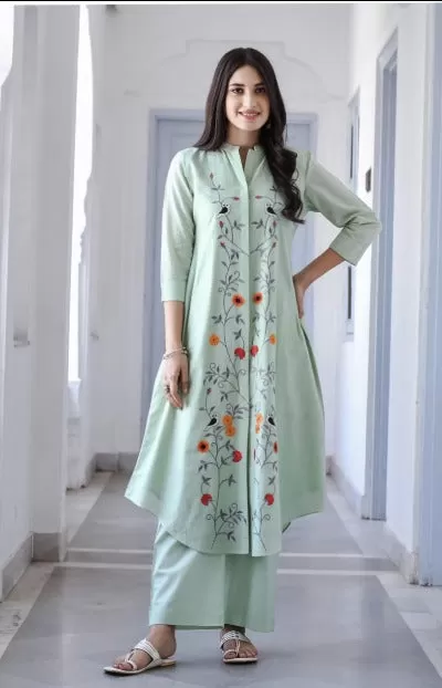 Mint Green Embroidered Cotton Kurti Pant Set Of 2