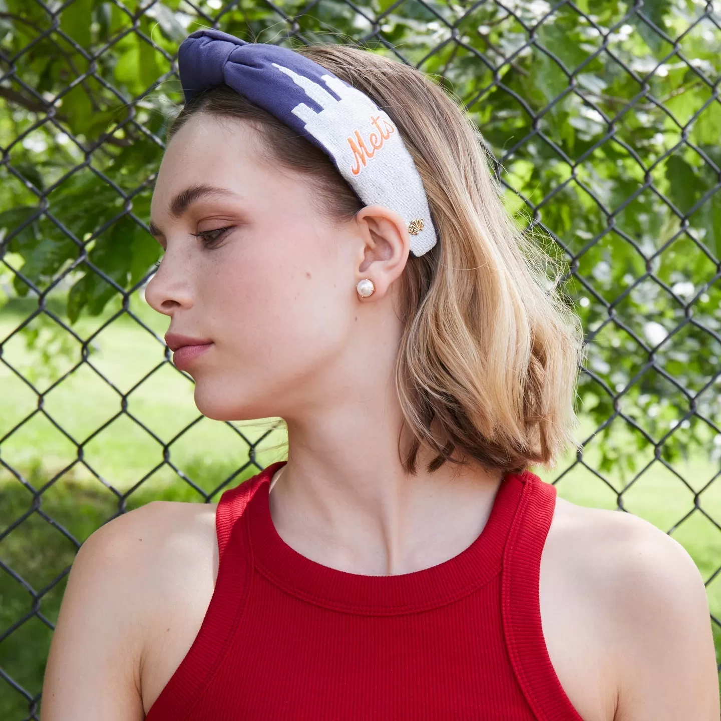 NAVY NY METS EMBROIDERED KNOTTED HEADBAND