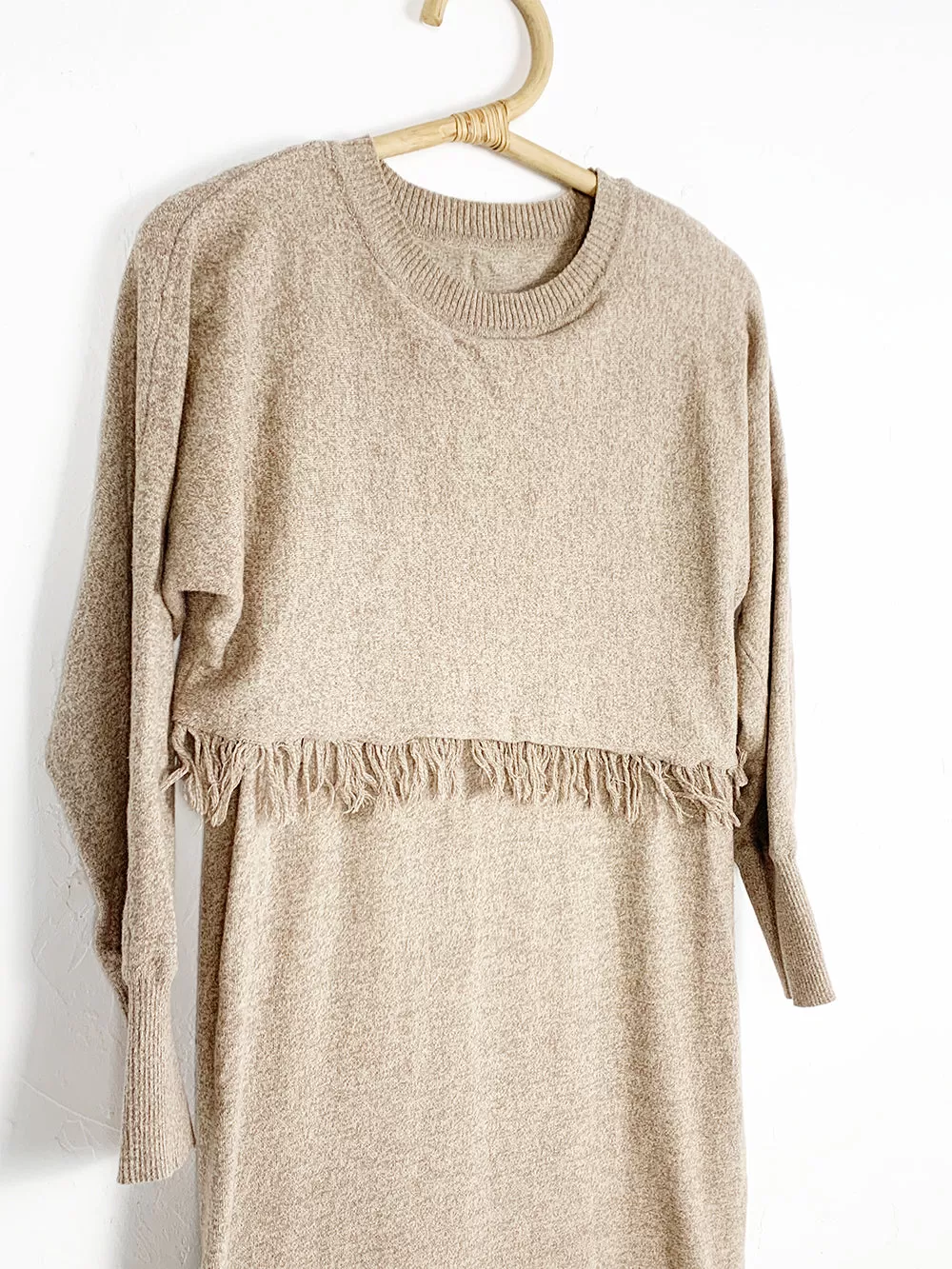 Oatmeal Double Layer Dress With Fringe Top