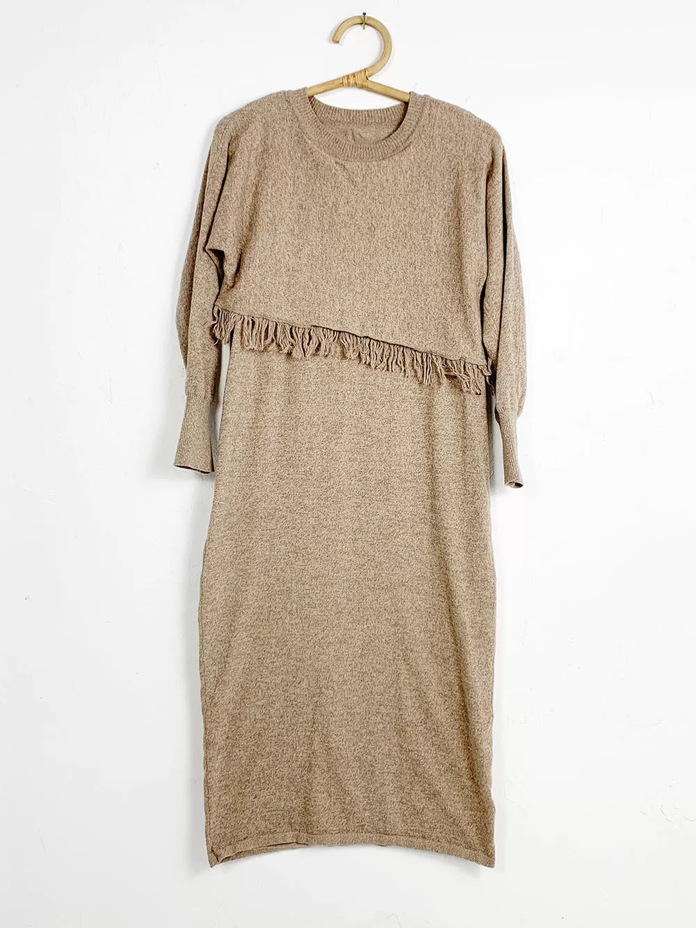 Oatmeal Double Layer Dress With Fringe Top