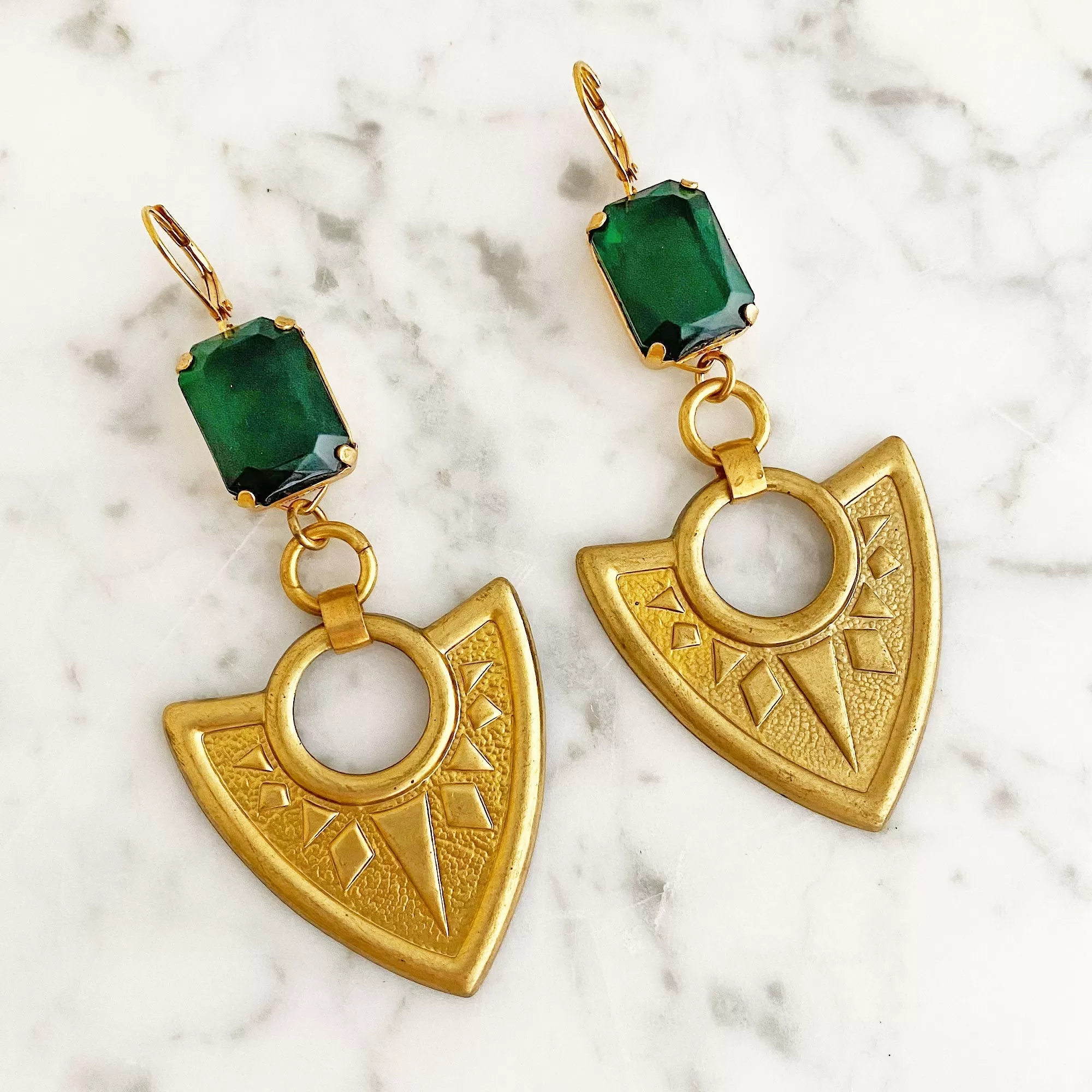 OCTAVIUS statement emerald green shield earrings