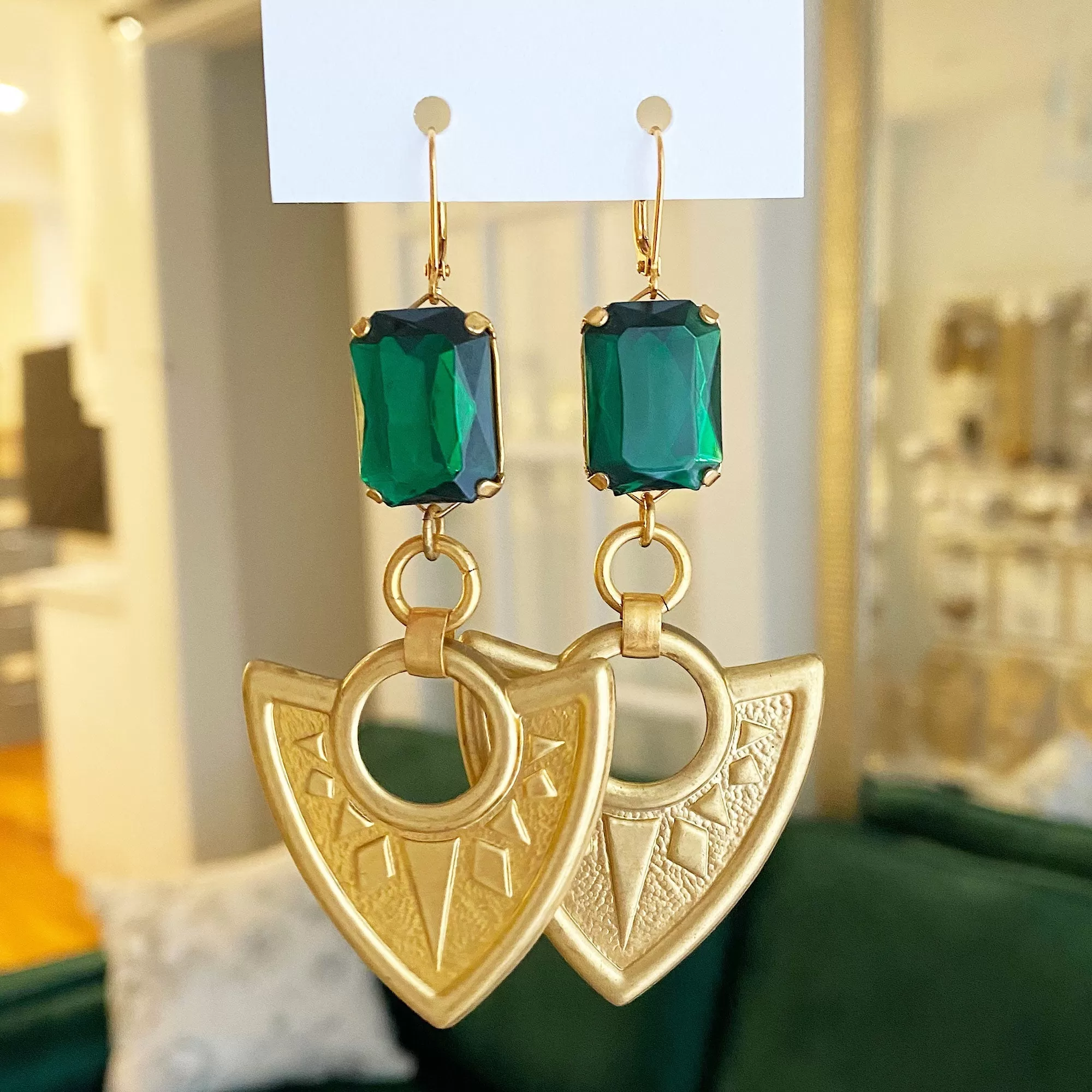 OCTAVIUS statement emerald green shield earrings