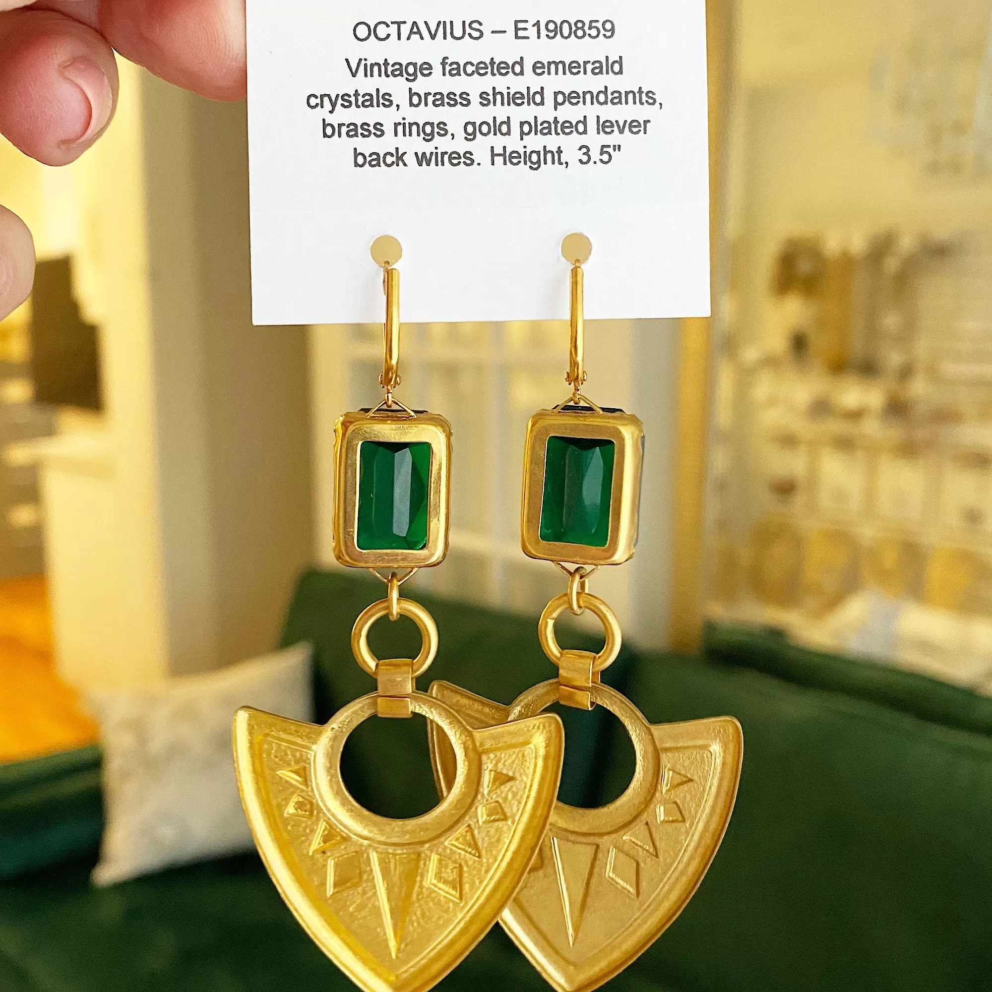 OCTAVIUS statement emerald green shield earrings