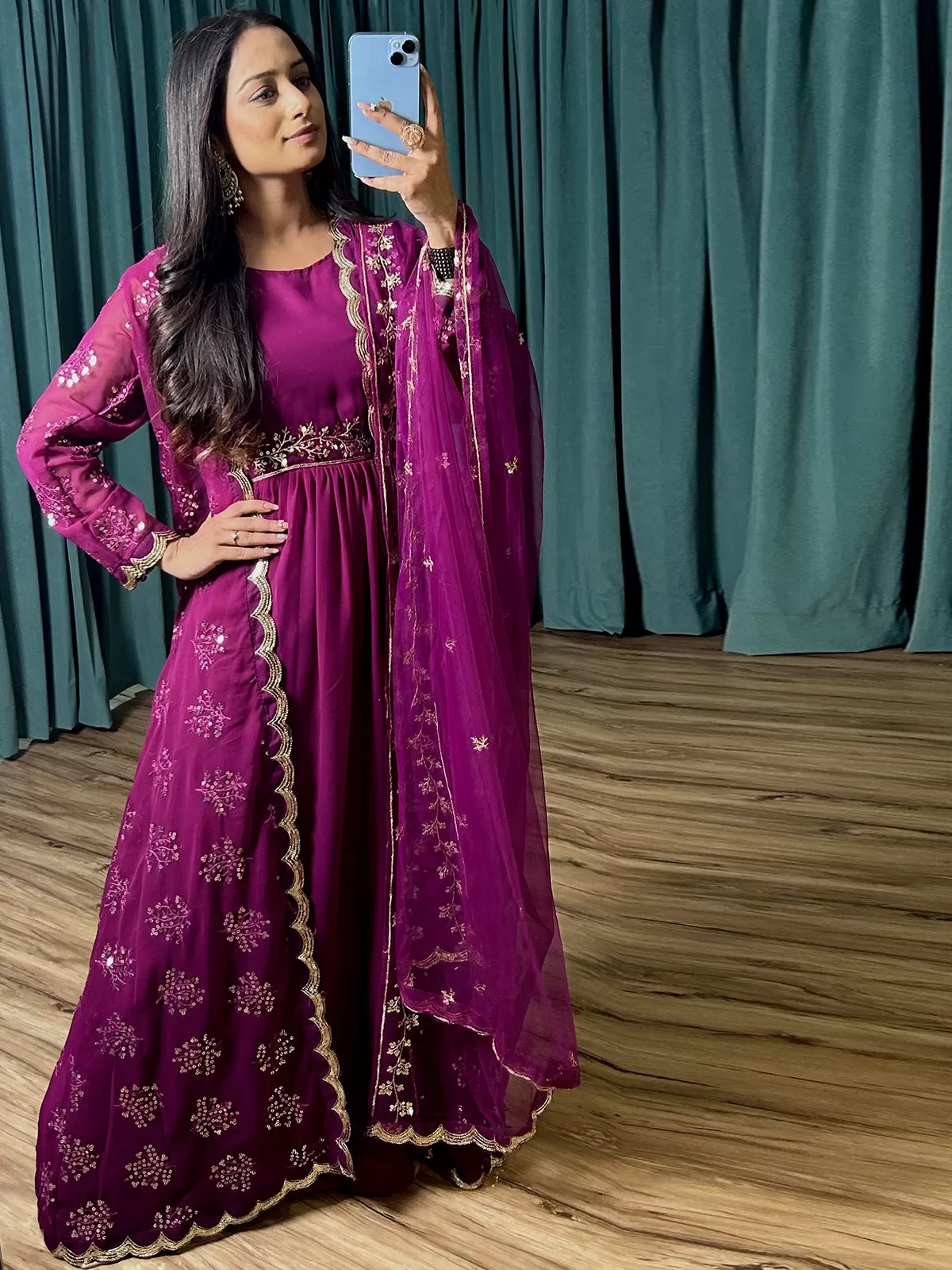 Odette Purple Georgette Stitched Gown With Shrug And Dupatta For Women