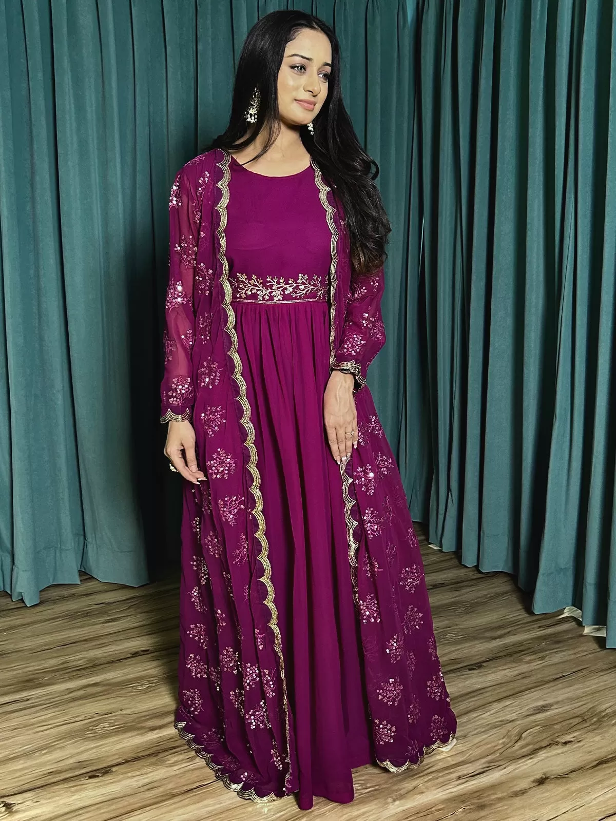 Odette Purple Georgette Stitched Gown With Shrug And Dupatta For Women