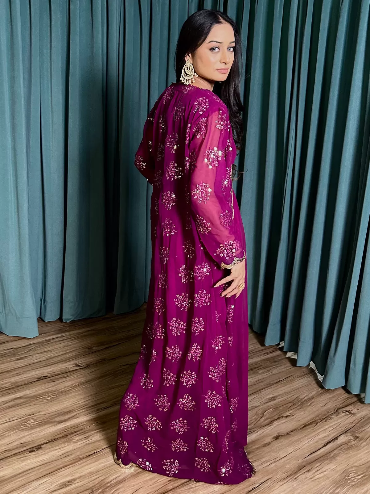 Odette Purple Georgette Stitched Gown With Shrug And Dupatta For Women