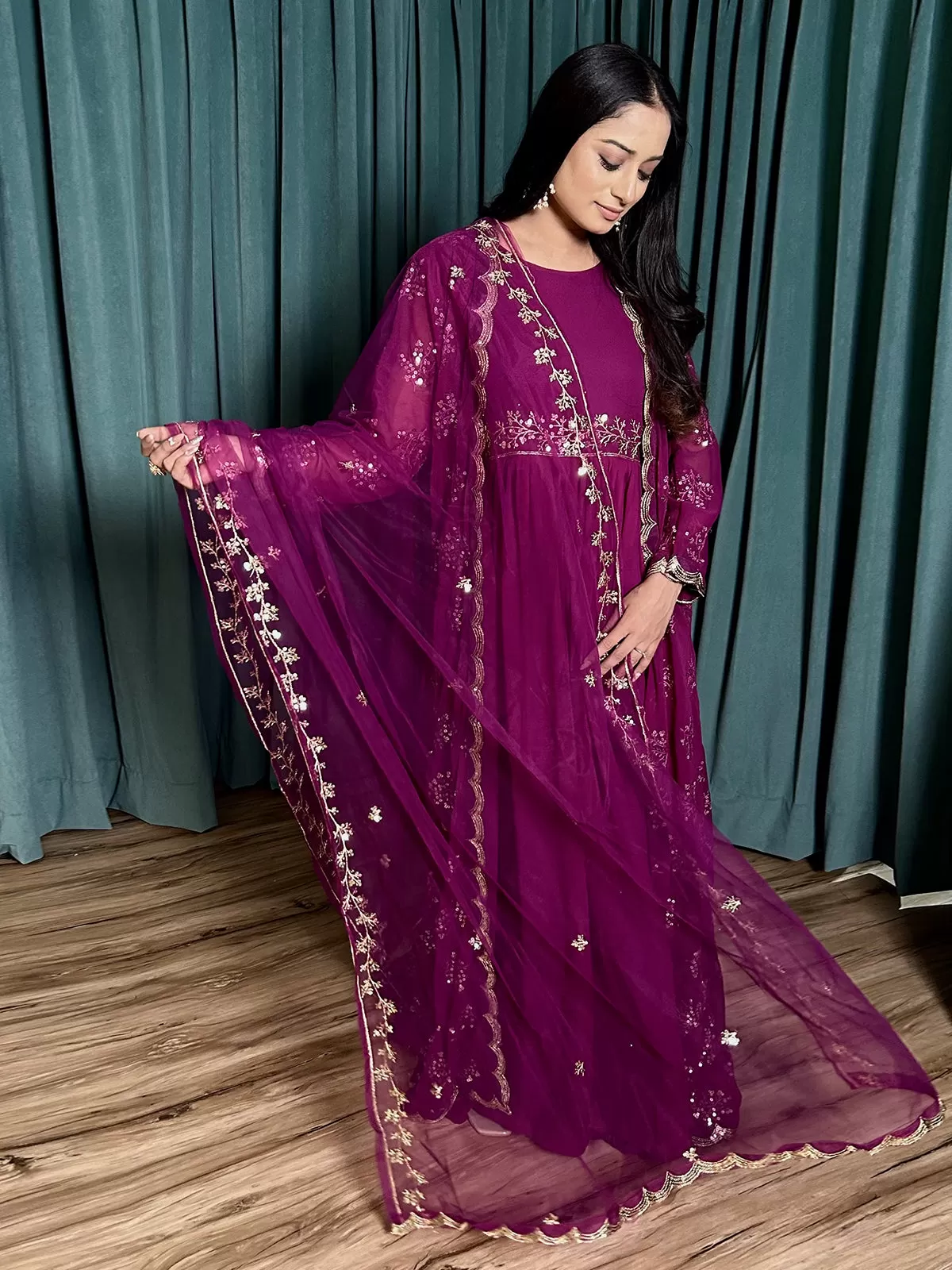 Odette Purple Georgette Stitched Gown With Shrug And Dupatta For Women