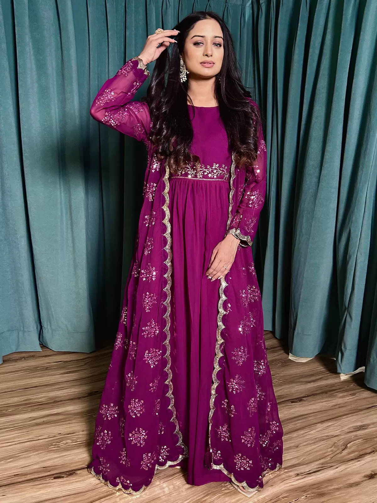 Odette Purple Georgette Stitched Gown With Shrug And Dupatta For Women