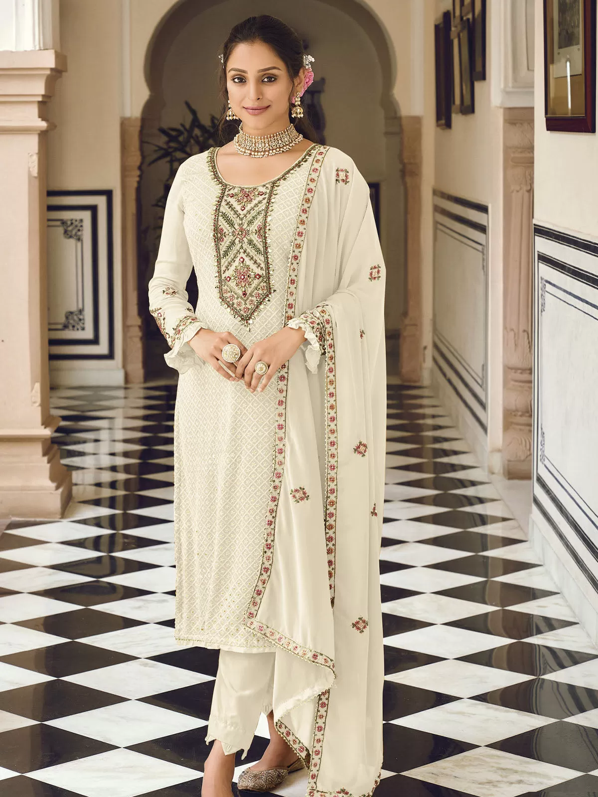 Odette Women Apricot Sequence Embroidered Georgette Salwar Semi Stitched Suit