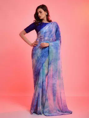 Odette Women Blue Chiffon With Sequence Work Sequence Saree With Unstitched Blouse