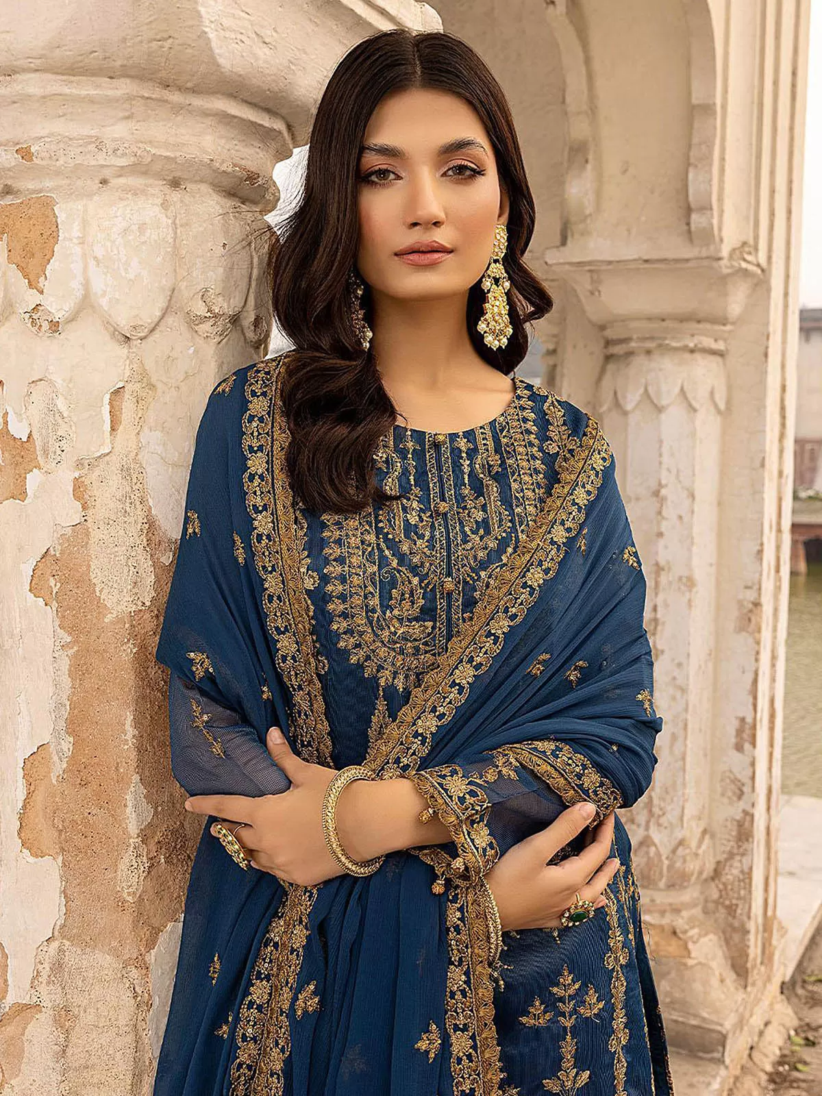 Odette Women Blue Embroidered Georgette Semi Stitched Salwar Suit