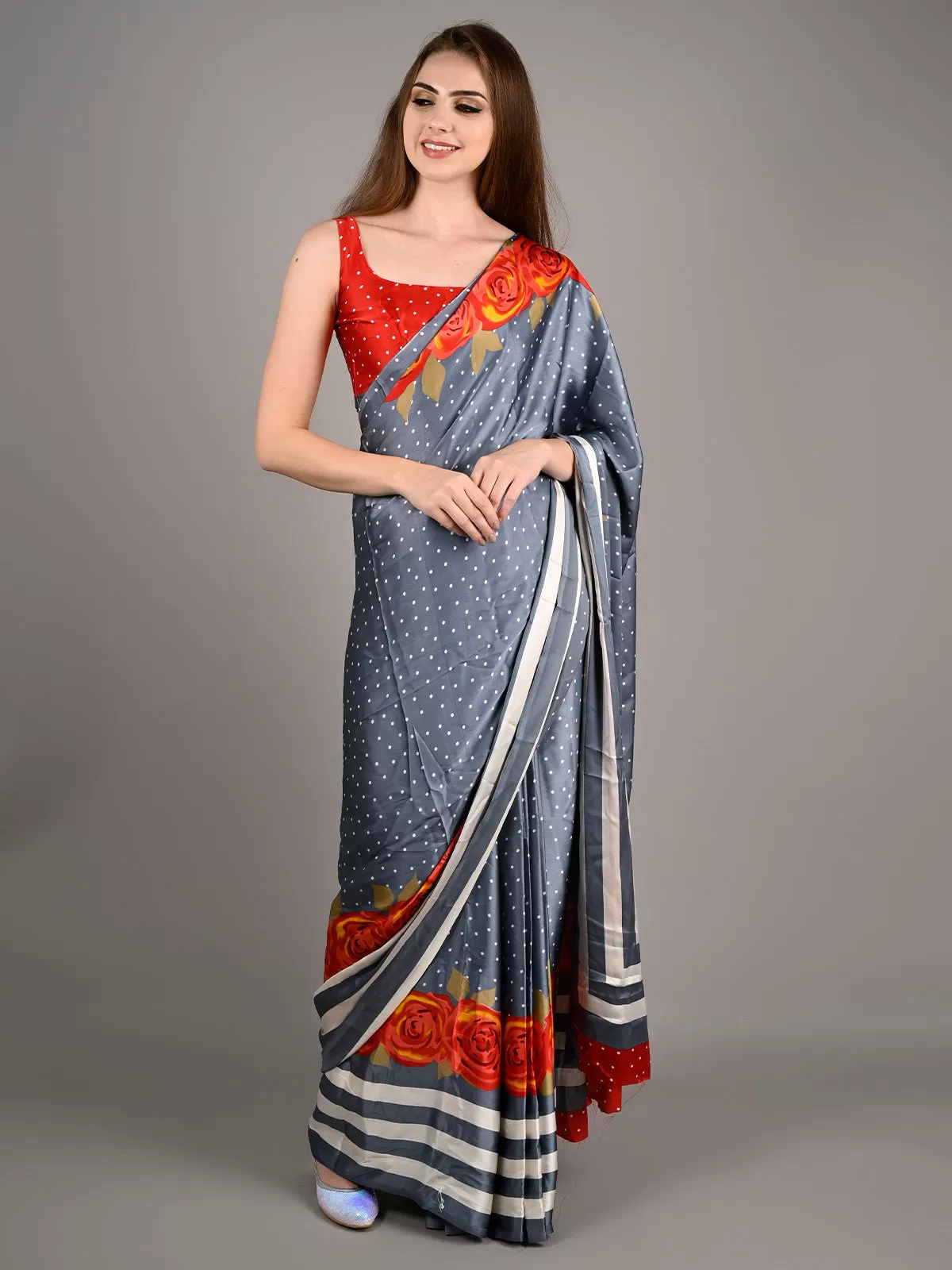 Odette Women Grey Satin Crepe Polka Dots Saree With Unstitched Blouse