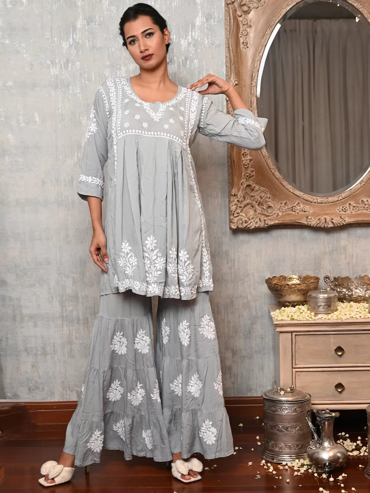 Odette Women Grey Viscose Chikankari Embroidered Stitched Kurta With Sharara Pant