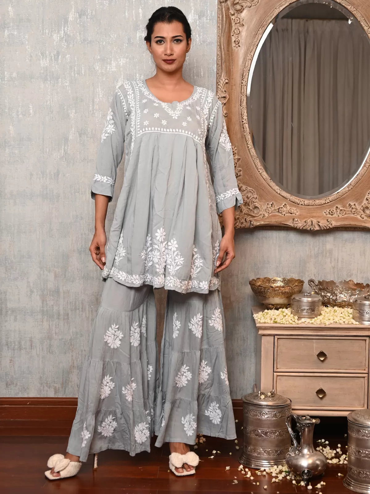 Odette Women Grey Viscose Chikankari Embroidered Stitched Kurta With Sharara Pant