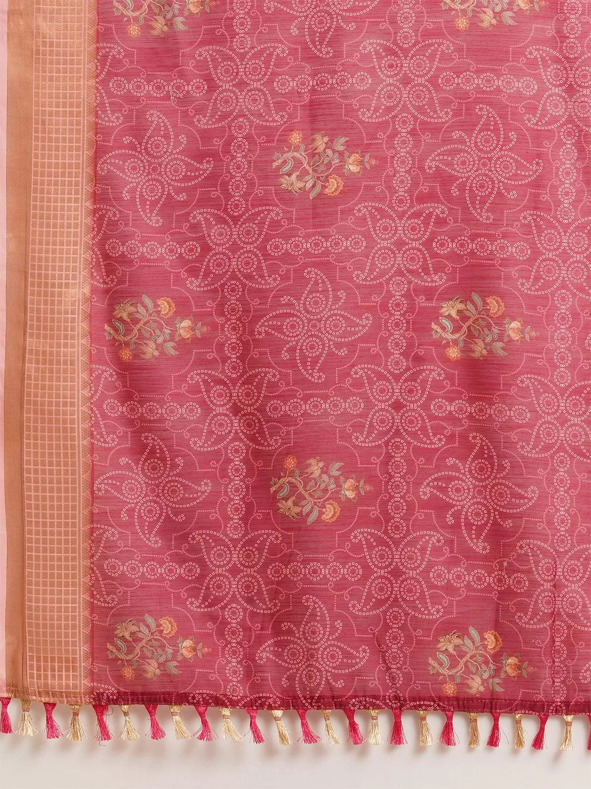 Odette Women Pink Festive Linen Printed Saree With Unstitched Blouse