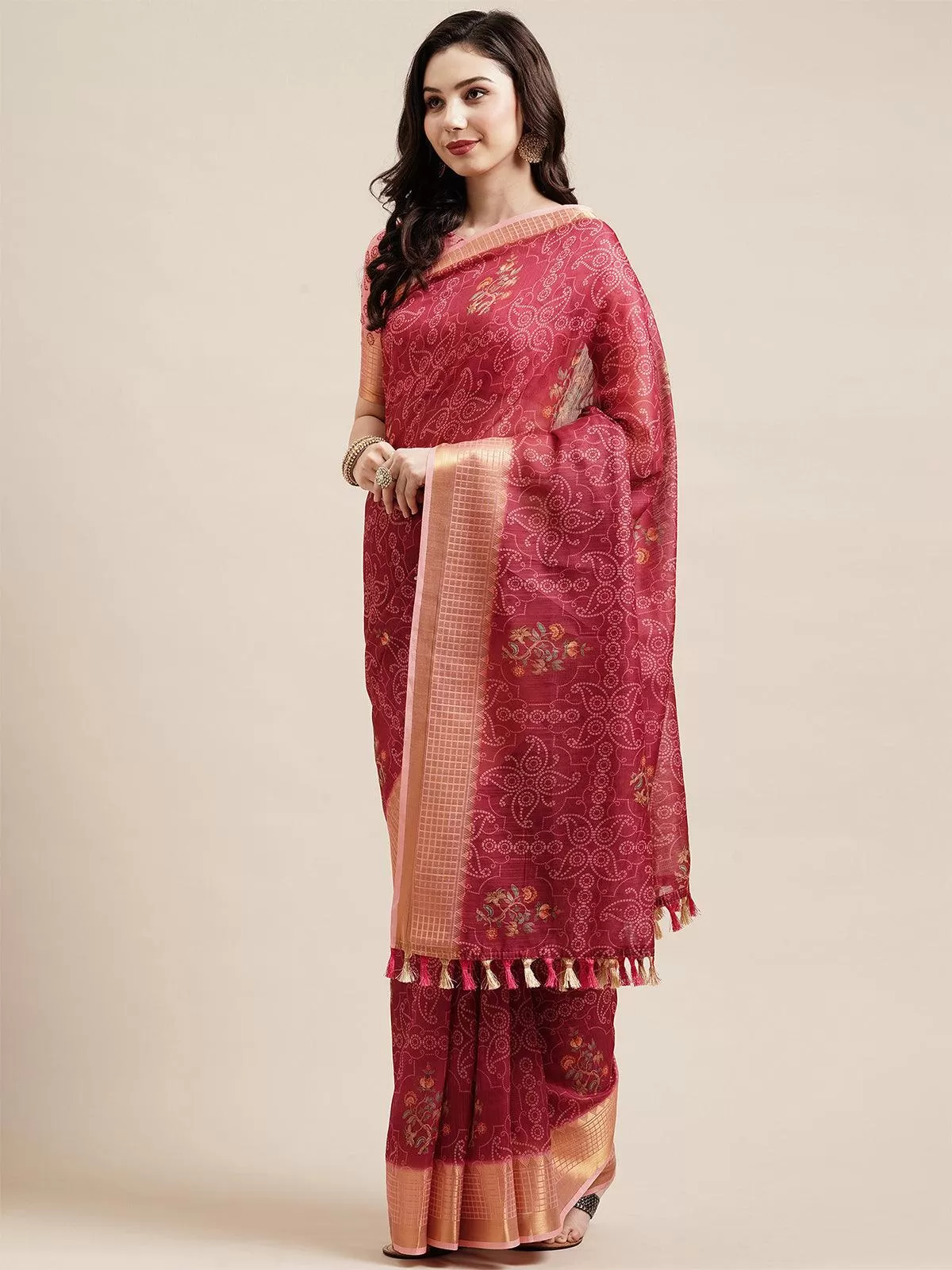 Odette Women Pink Festive Linen Printed Saree With Unstitched Blouse