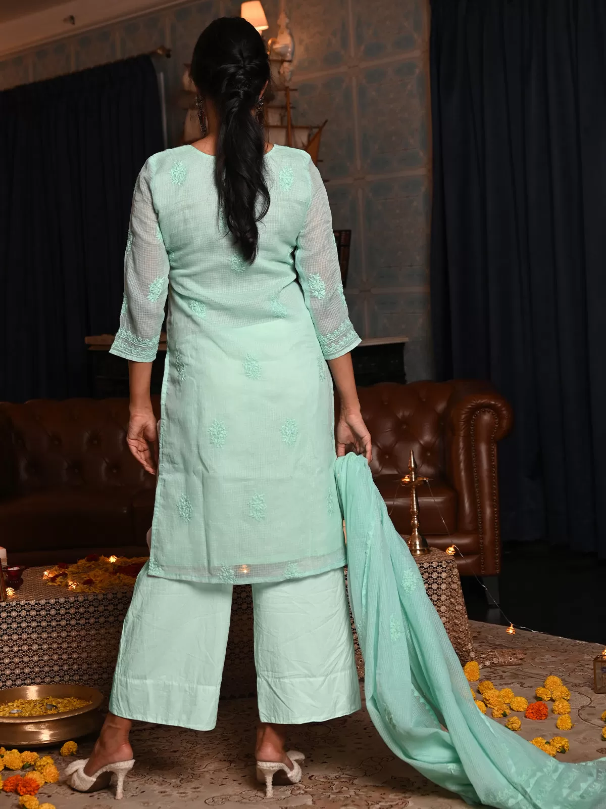 Odette Women Sea Green Chequered Voile Chikankari Beads Embroidered Unstitched Kurta Set