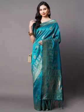 Odette Women Teal Blue Festive Silk Blend Woven Design Saree With Unstitched Blouse