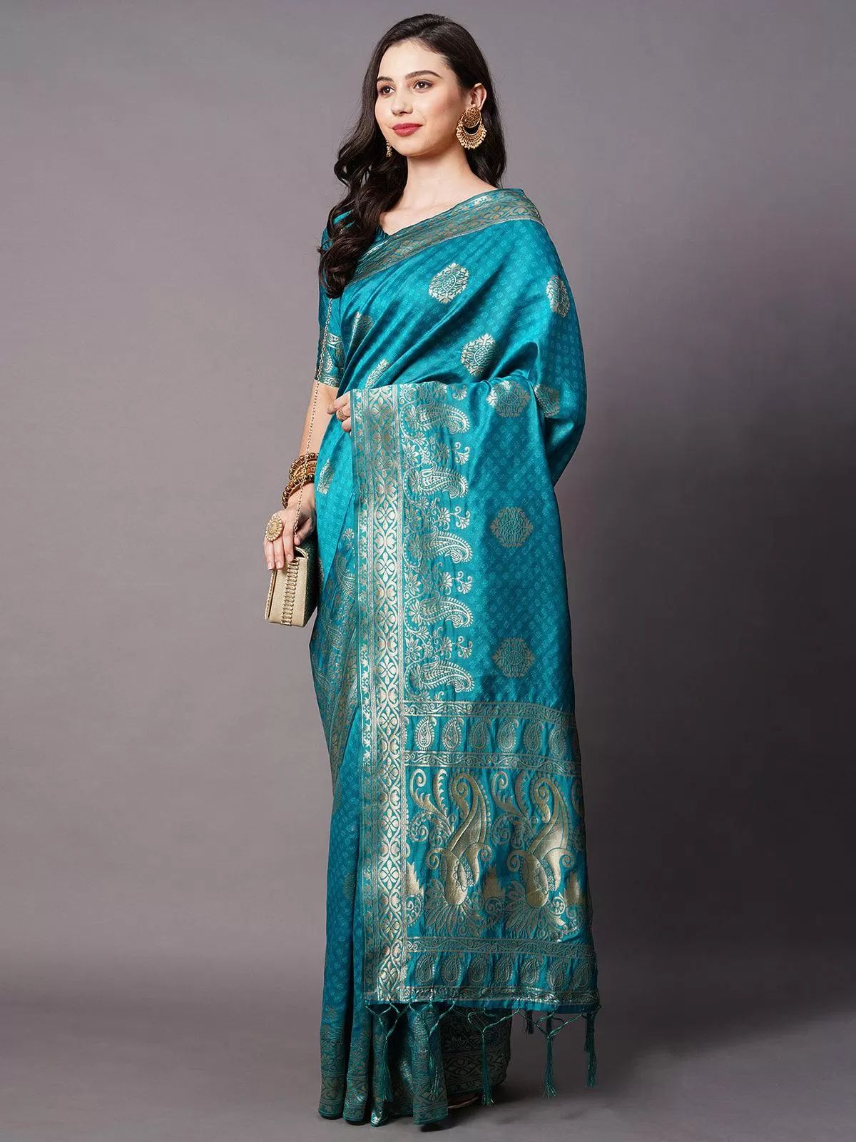 Odette Women Teal Blue Festive Silk Blend Woven Design Saree With Unstitched Blouse