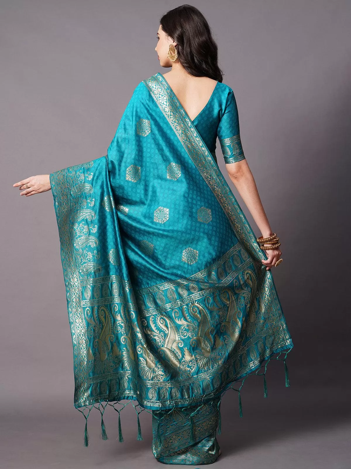 Odette Women Teal Blue Festive Silk Blend Woven Design Saree With Unstitched Blouse