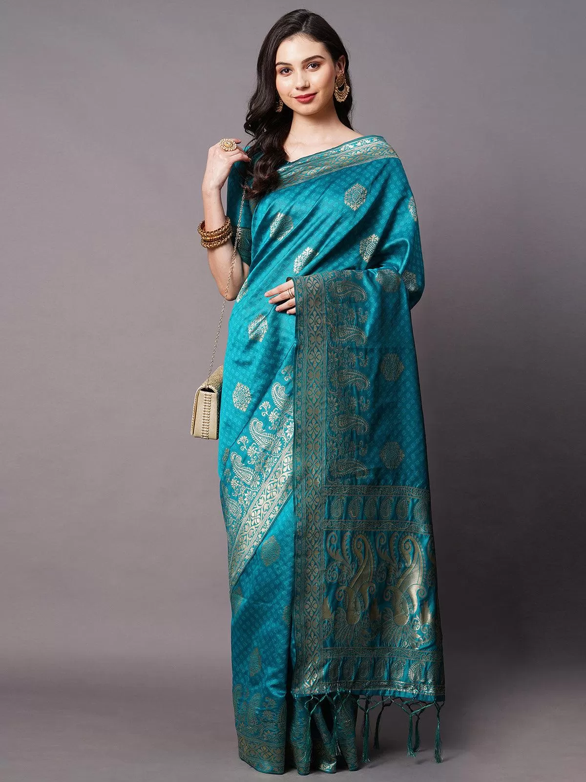 Odette Women Teal Blue Festive Silk Blend Woven Design Saree With Unstitched Blouse