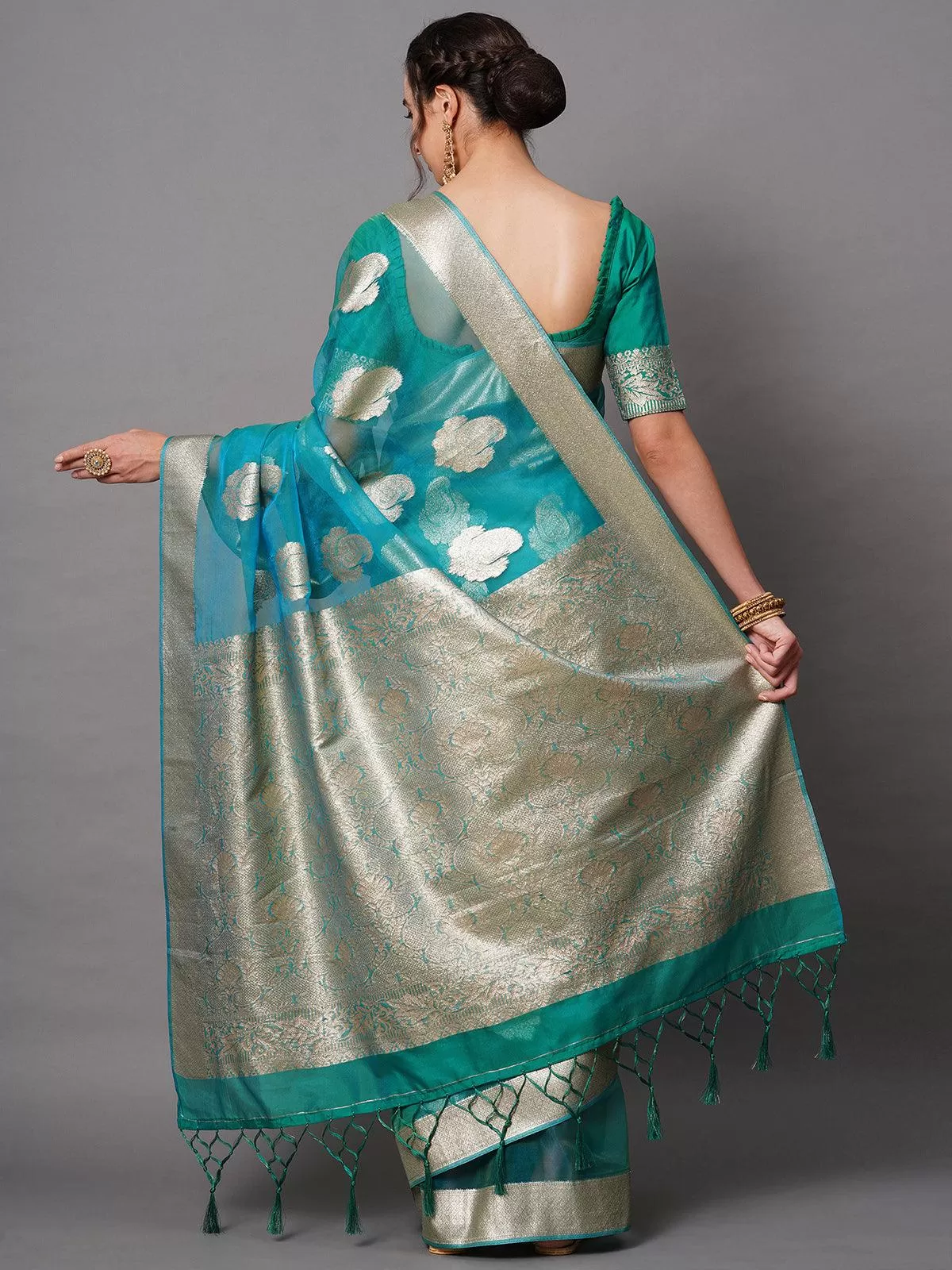 Odette Women Teal Blue Party Wear Organza Woven Design Saree With Unstitched Blouse