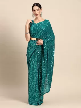 Odette Women Teal Georgette Designer Sequins Saree With Unstitched Blouse