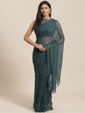 Odette Women Teal Green Party Wear Net Solid Saree With Unstitched Blouse