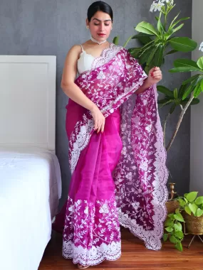 Odette Women's Purple Organza  Saree with unstitched Blouse