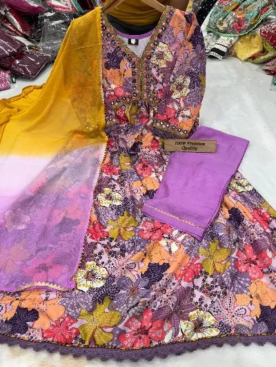 Pastel Purple Floral Alia Cut Foil Mirror Cotton Anarkali Suit Set