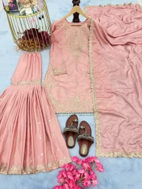 Peachy Pink Pure Chinon Embroidery Sequence Work Palazzo Suit Set