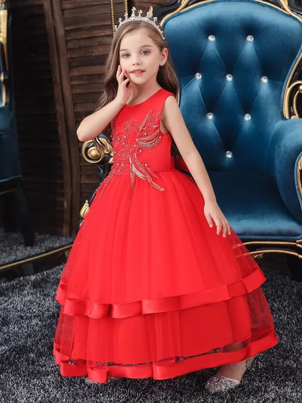 Pink Ankle Length Beaded Princess Flower Girl Dresses Jewel Neck Sleeveless Kids Pageant Dresses