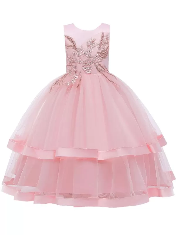 Pink Ankle Length Beaded Princess Flower Girl Dresses Jewel Neck Sleeveless Kids Pageant Dresses