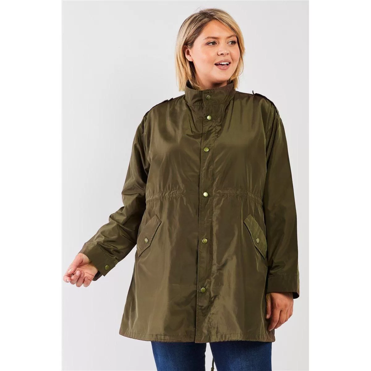 Plus Size Glossy Drawstring Hem Button-down Coach Jacket