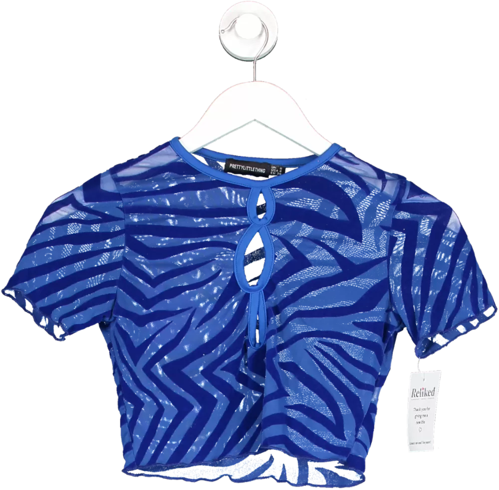 PrettyLittleThing Blue Zebra Devore Cut Out Front Short Sleeve Crop Top UK 8