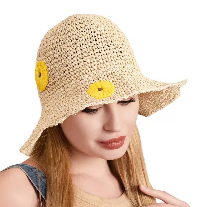 Raffia Flower Pointed Bucket Hat