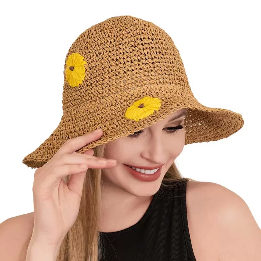 Raffia Flower Pointed Bucket Hat