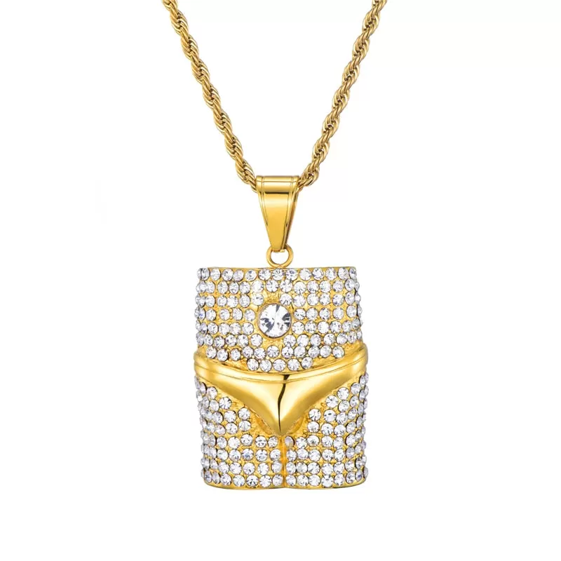 Rhinestone-Studded Underwear Bling 316L Stainless Steel Hip-hop Pendant Necklace