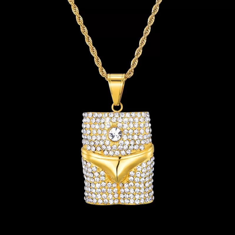 Rhinestone-Studded Underwear Bling 316L Stainless Steel Hip-hop Pendant Necklace