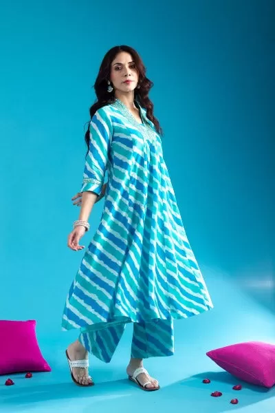 Sea Blue Cotton V-Neck Anarkali Kurti Pant Set