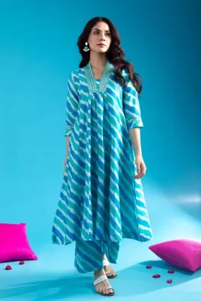 Sea Blue Cotton V-Neck Anarkali Kurti Pant Set