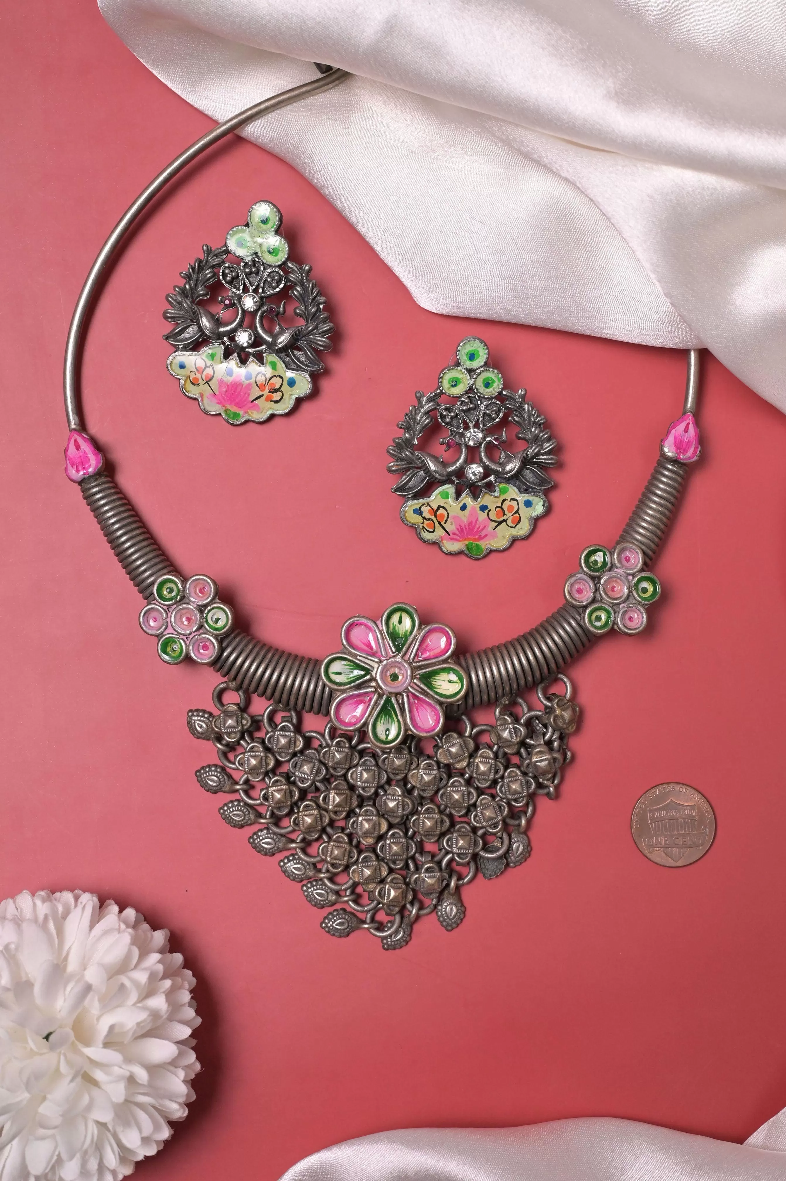 Silver Metal Hansuli Collar Choker Hand-Painted Necklace Set